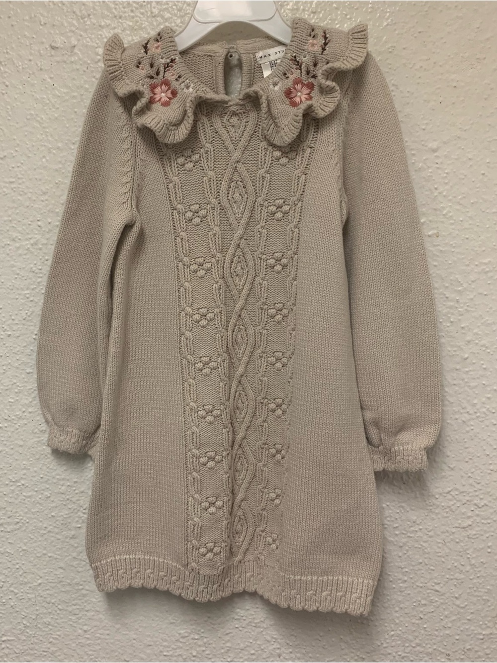 Max Studio Girl's Cream Tan Cable Knit Dress Ruffled Collar Size 4T Long Sleeve